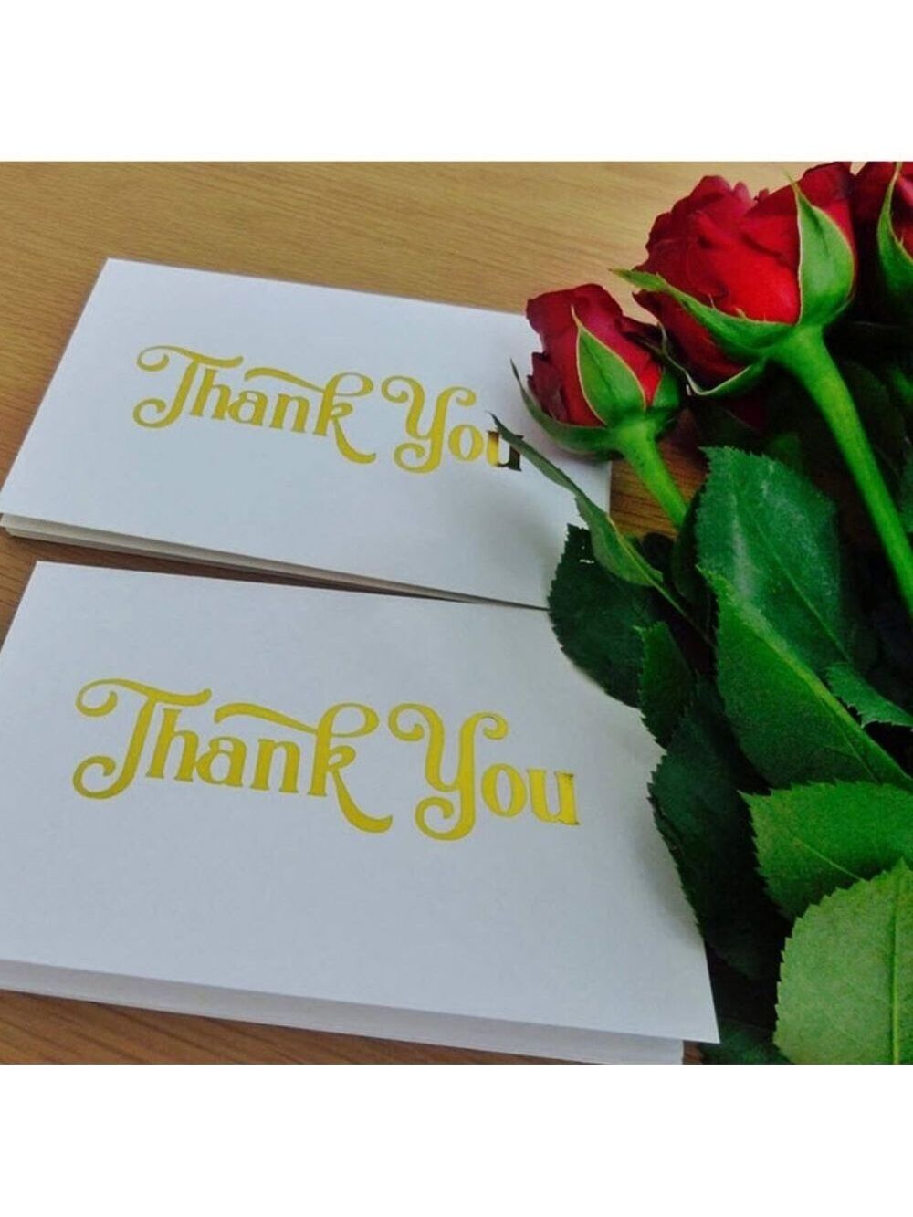 100 Thank You Cards White with gold foil lettering  & gold foil sticker seals